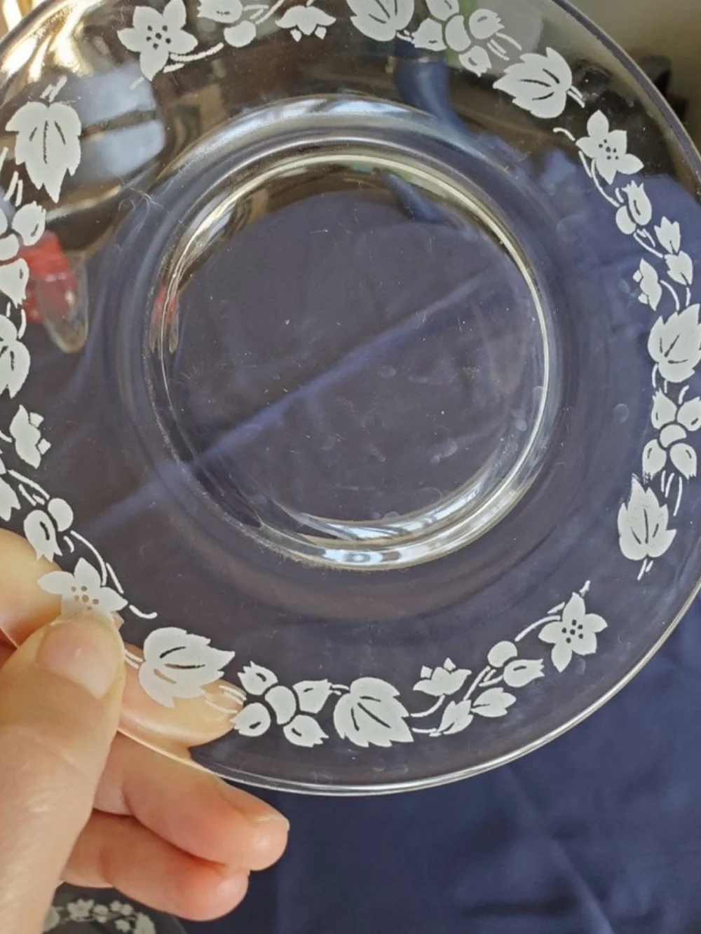 Vintage Pyrex Clear Glass Saucer with White Floral Border -Gooseberry pattern